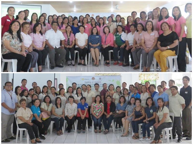 TOP: Day 1 participants including the district supervisors and heads of the pilot schools and their sister schools, and the Municipal Nutrition Action Officers, Municipal Social Welfare and Development Officers, and Municipal Agriculturists of their respective LGUs; BOTTOM: Day 2 participants including teachers of the pilot schools and their sister schools, and representatives from the Municipal Nutrition Action Office, Municipal Social Welfare and Development Office, and Municipal Agriculture Office of their respective LGUs