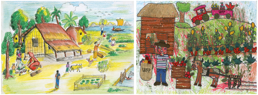 Nooren Faiza Sheha, 10, from Bangladesh and Daniela Díaz Carmona, 10, from Cuba, drew farming scenes from their respective countries.