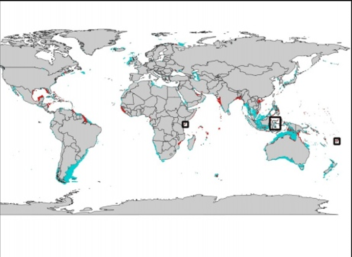 Areas with aquaculture potential (blue) and aquaculture 'hotspots' (red). Kenya, Indonesia and Fiji are in boxes