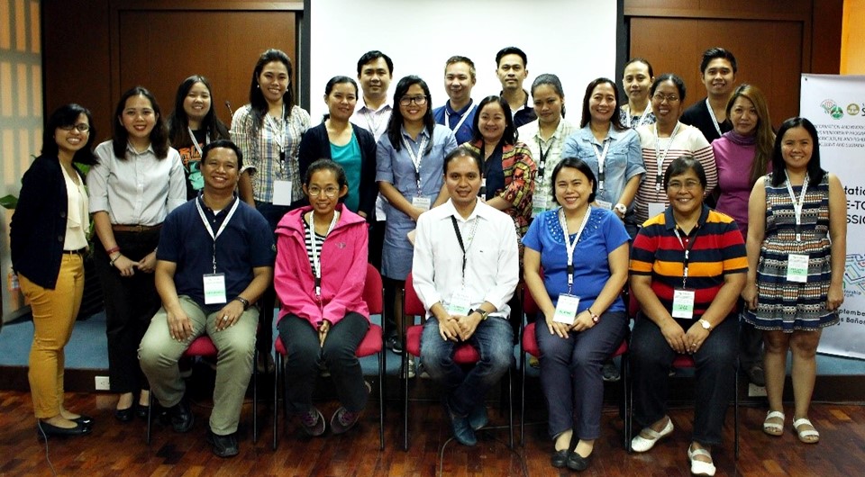 The participants of the 1st F2F Session with DA resource speakers; the SEARCA project team led by Assistant Professor Elaine DC. Llarena (seated, second from right); and Ms. Julia A. Lapitan, Head of the DA-BAR Applied Communication Division (seated, first from right).