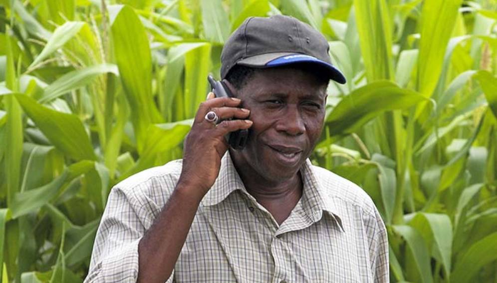 Farmer Oumar Sakho, 50, stands in his corn field using a mobile phone in Sangalkam, Senegal Copyright: Panos