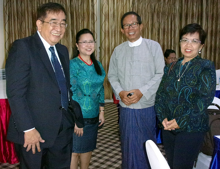 L-R Mr. Bernie Justimbaste, SEARCA Consultant on AIS, Dr. Bessie Burgos, U Tin Htut Oo, Chair of NESAC, and Ms. Lourdes Adriano, ADB Consultant.