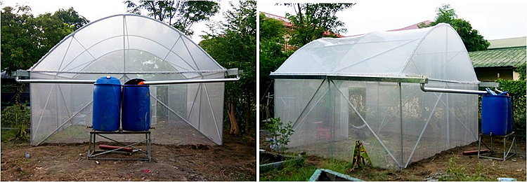 Mini-greenhouse (5m x 4m) serving as seeds/planting materials nursery, with rainwater collection system.