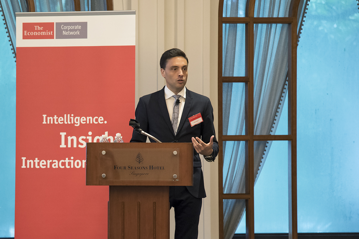 Dr Simon Baptist, the EIU's Global Chief Economist and Managing Director of the organisation's Asia consultancy arm, presents report findings during the launch event in Singapore.