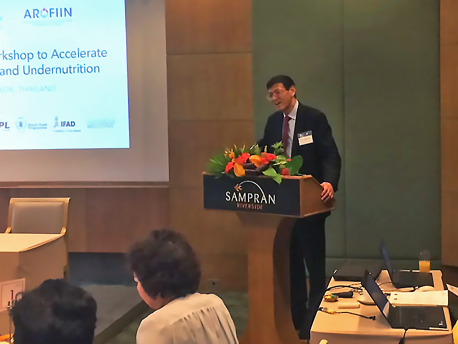 Dr Shenggen Fan, Director General of the Institute of Food Policy Research (IFPRI), gives a welcome address to open the South-South Learning Workshop to Accelerate Progress to End Hunger and Nutrition on 20 and 21 June in Bangkok, Thailand.