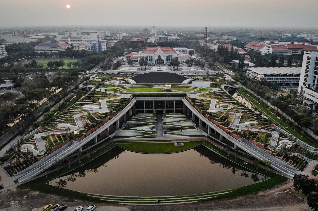This aerial photo taken on Feb. 7, 2020 shows an overview of the Thammasat Urban Farming Green Roof, designed by landscape architect Kotchakorn Voraakhom, at Thammasat University in Pathum Thani, Thailand. (AFP/Lillian Suwanrumpha )