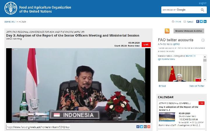 Indonesia Minister of Agriculture Syahrul Yassin Limpo delivers his speech from Malang, East Java, at the 35th Session of FAO’s Regional Conference for Asia and the Pacific (APRC) done virtually on Thursday, September 3, 2020.