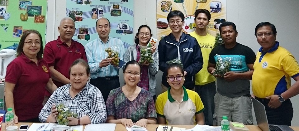 From Left to Right: First row – Dr. Joy Agravante, Head of UPLB-PHTRC; Dr. Bessie Burgos and Ms. Angelic Reglos of SEARCA. Second row – Ms. Helen Barrios of UPLB-PHTRC; Dr. Joe Medina, Project Coordinator of SEARCA Piloting ISARD Model project; Drs. Yoshitaka Kawai, Mika Yoshida, and Tadashi Baba of Tokyo Nodai; Mr. Henry Custodio of SEARCA; Mr. Virgilio Macailao of MinSCAT; and Dr. Lope Santos of SEARCA.